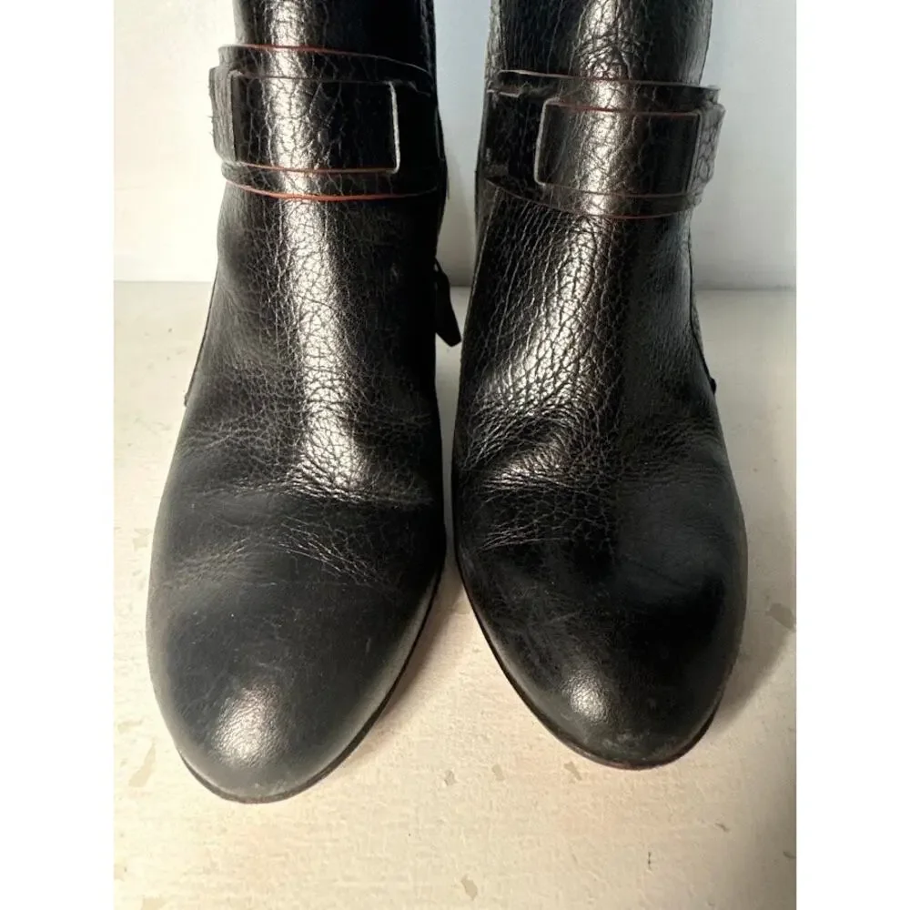 Tory Burch Dorese Black Pebbled Leather Ankle Booties Boots Block Heel Womens 7